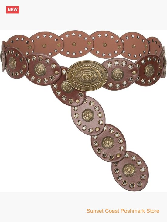 Womens Vintage Wide Western Cowgirl Disc Belt Faux Leather Boho Style main image 4